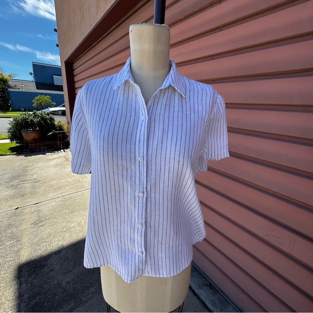 Eileen Fisher 100% Organic Linen Striped Button Front Shirt Size S Relaxed Fit
